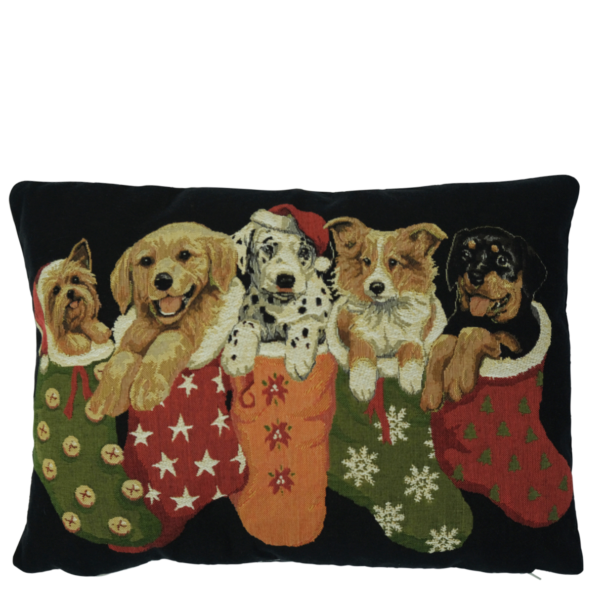 Gobelin Kissen Hunde, Weihnachtshunde in der Socke, 30x45cm, Mars & More