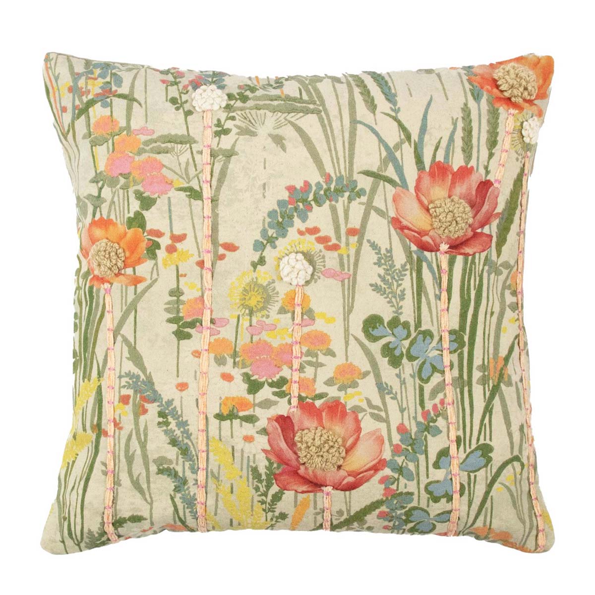 Baumwoll Kissen Wildblumen bestickt, orangerosa Mohn, 45x45cm, Mars & More
