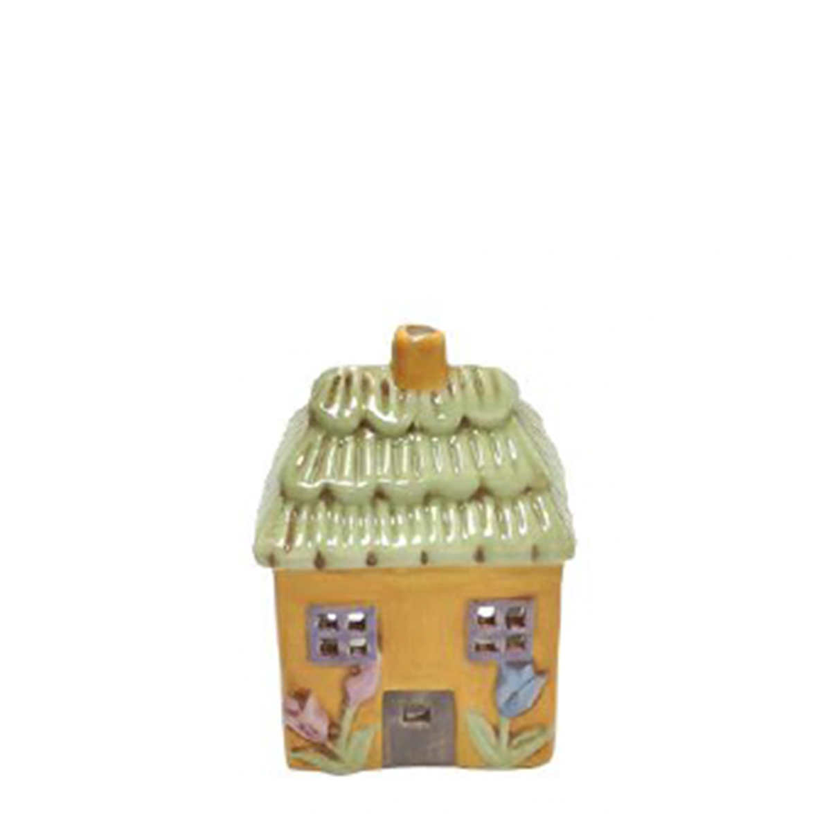 Windlicht Haus gelb, kleines putziges Keramikhaus mit Blumen und Herz, 10cm