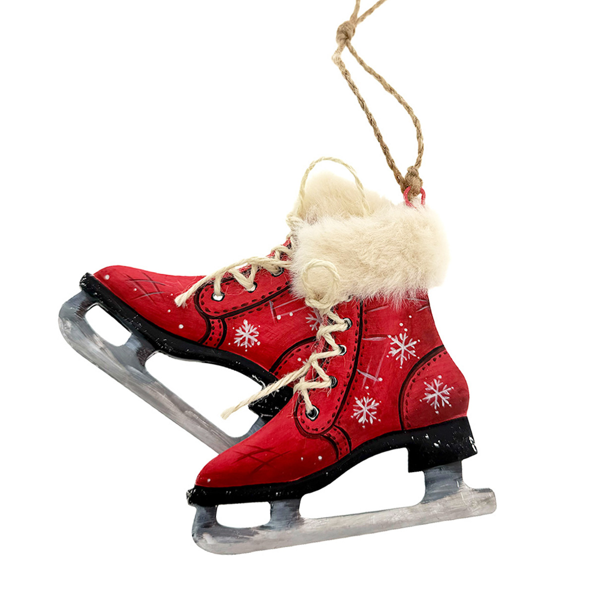 Deko Schlittschuh-Paar Nostalgie, mit Plüsch und Schneekristalle, Paar Schlittschuhe rot-schwarz, 10cm, Metallhänger 