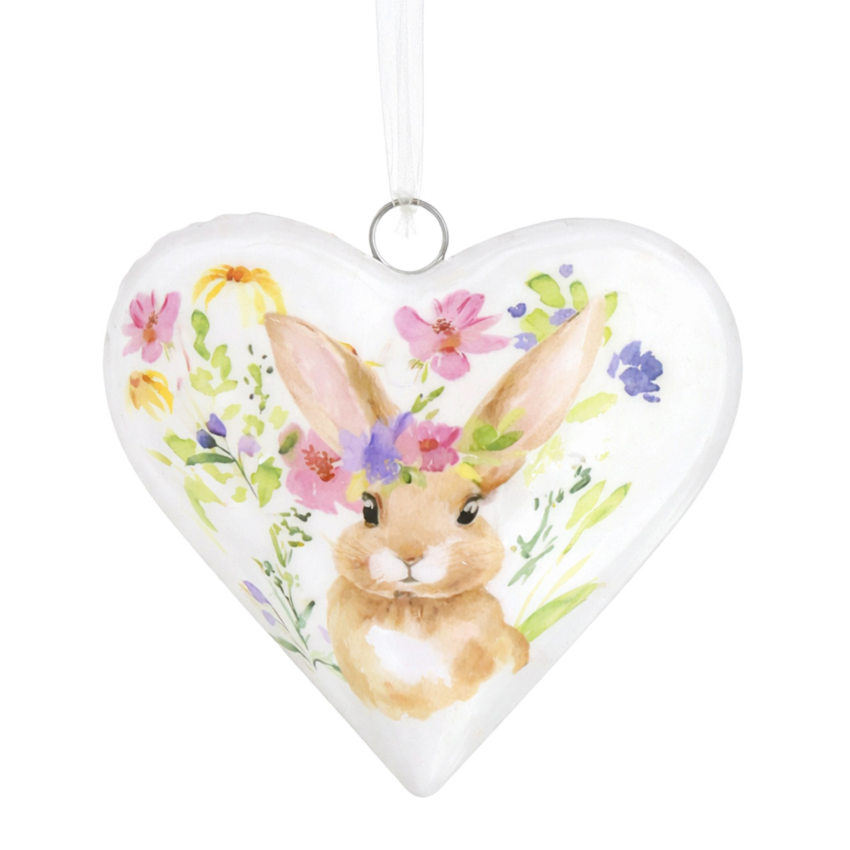 Deko Herz Ostern, Metallherz mit putzigem Häschen und Blumen, Osterhase im Herz, 14cm, Hänger
