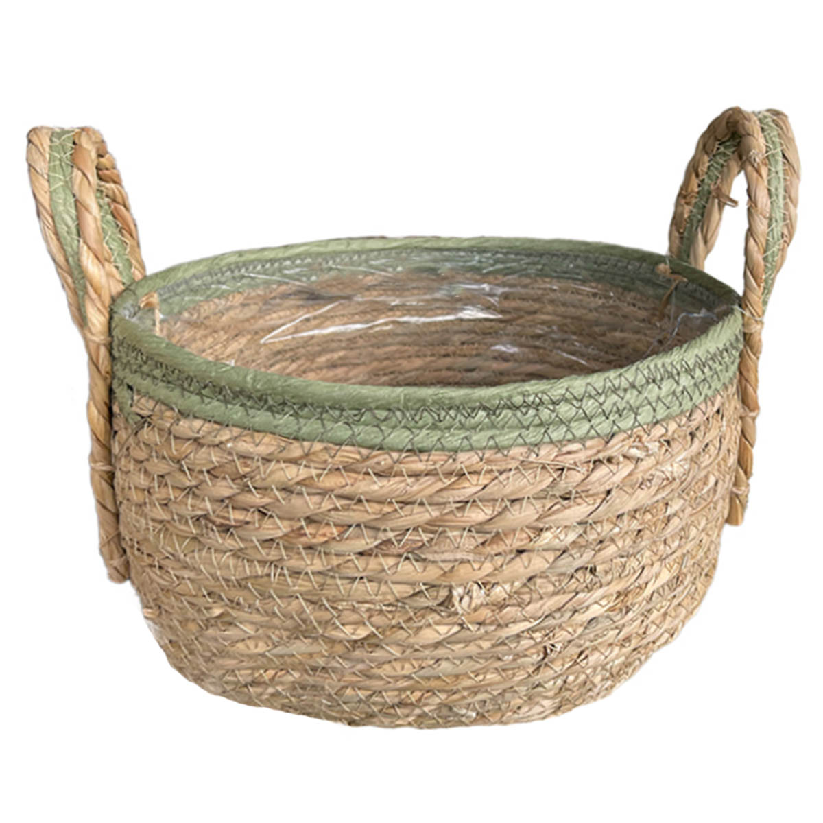 00660-A_01JSSBGAJVTFXXBVTDDYMP11G5z8xGmNzEJGqBS Pflanzkorb Seegras natur, Übertopf mit Henkel natur mit grünem Rand, 24cm, Naturkorb
