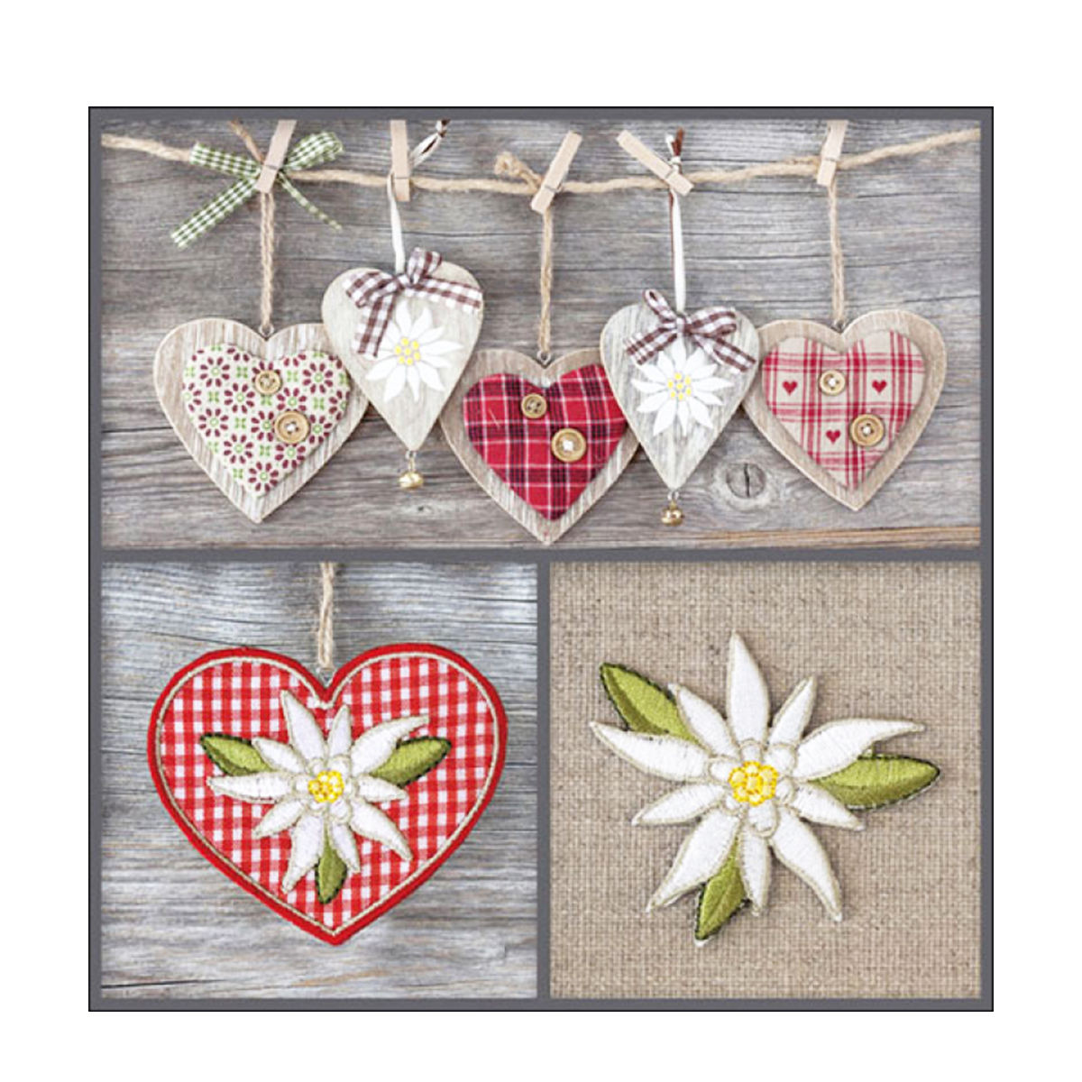 Ambiente Papierservietten Landhaus Edelweiß und Herzen, 33x33cm