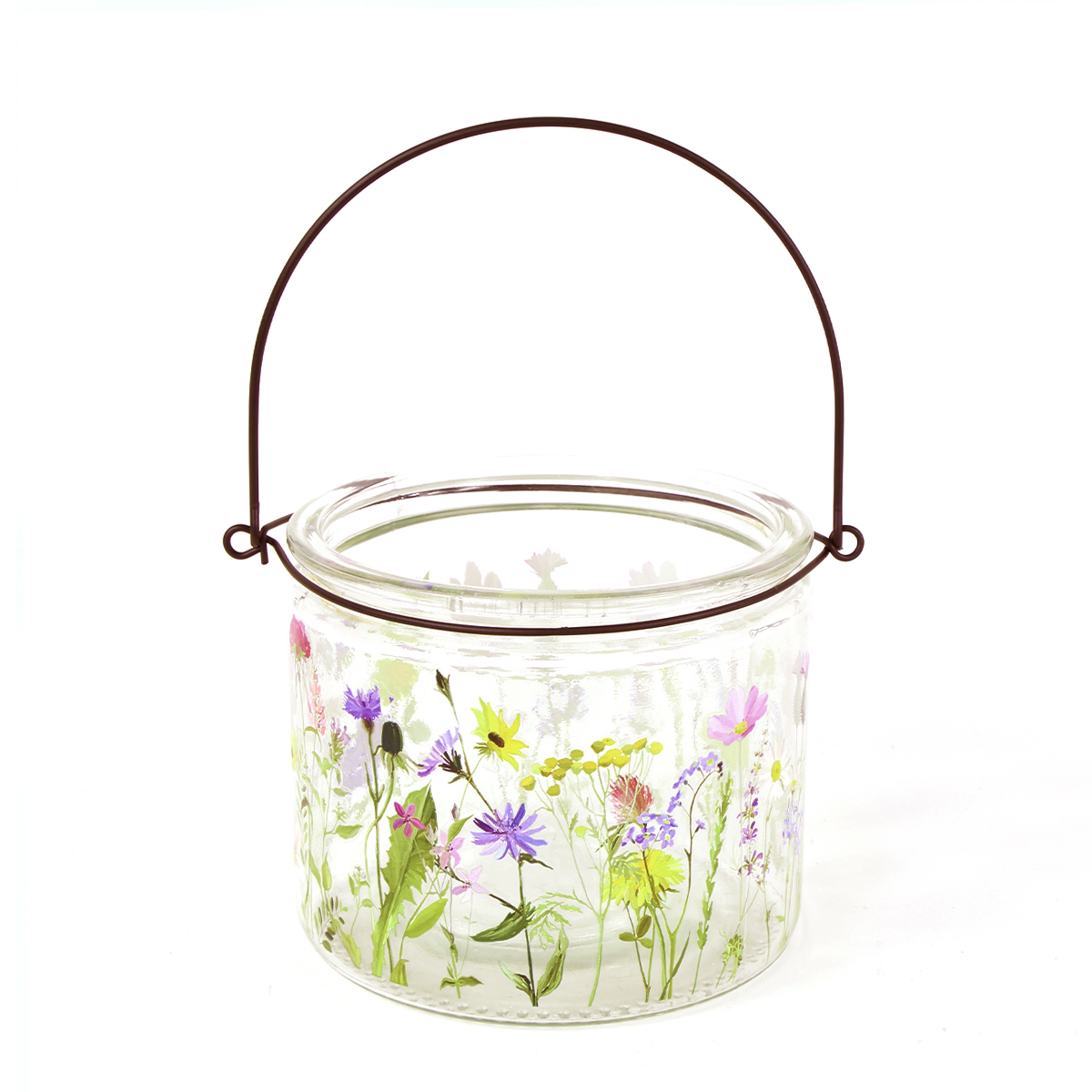 Deko Windlicht Blumenwiese, Windlichtglas mit Henkel mit Blumenwiese, 12x10cm