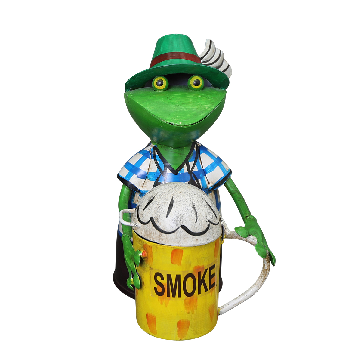 Zaunhocker Frosch Landhaus, Metallfrosch in Lederhose mit Aschenbecher Bierkrug, 22cm