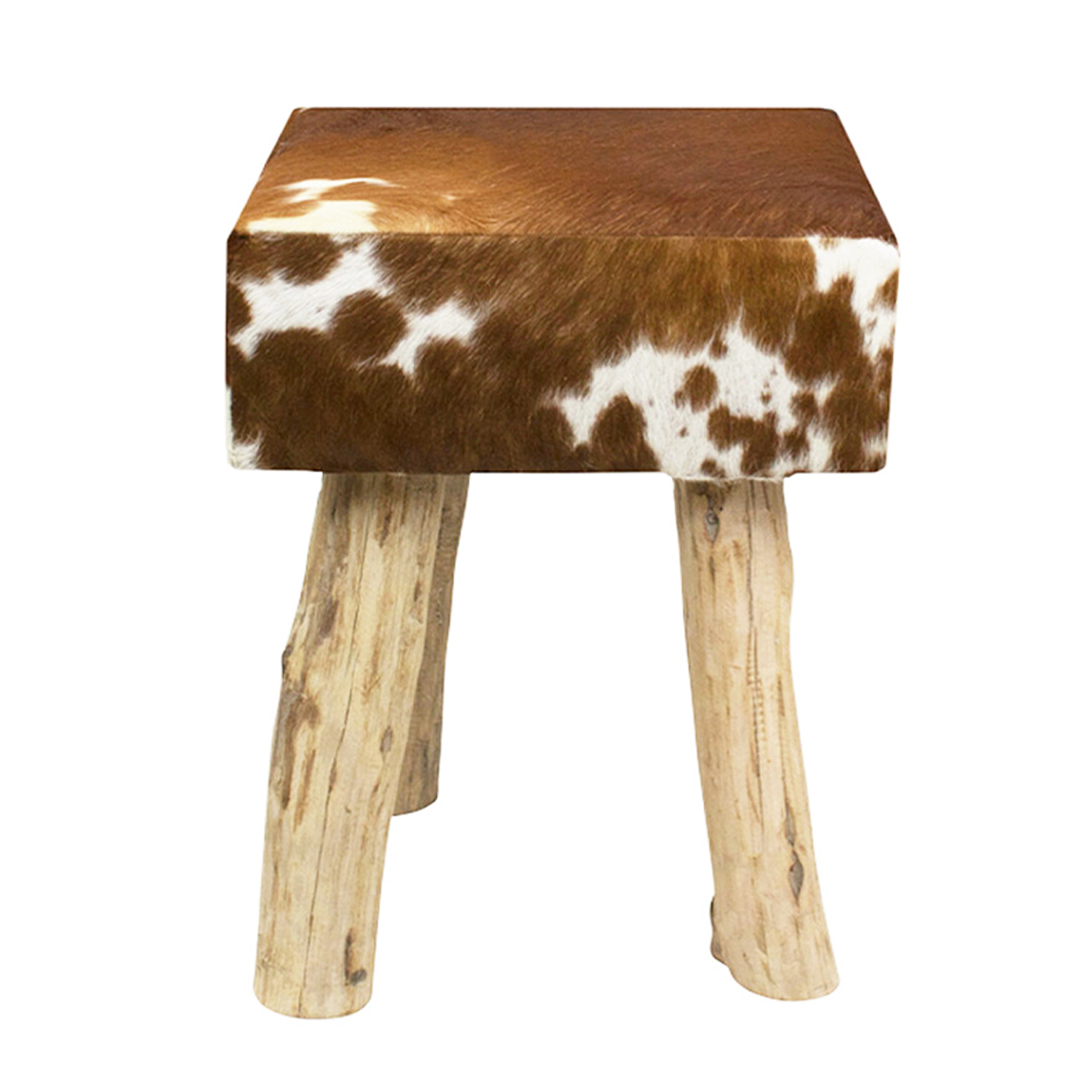 Kuhfell Hocker quadratisch, Fellhocker auf Holzbeine, 45cm, braun-weiß, Mars & More