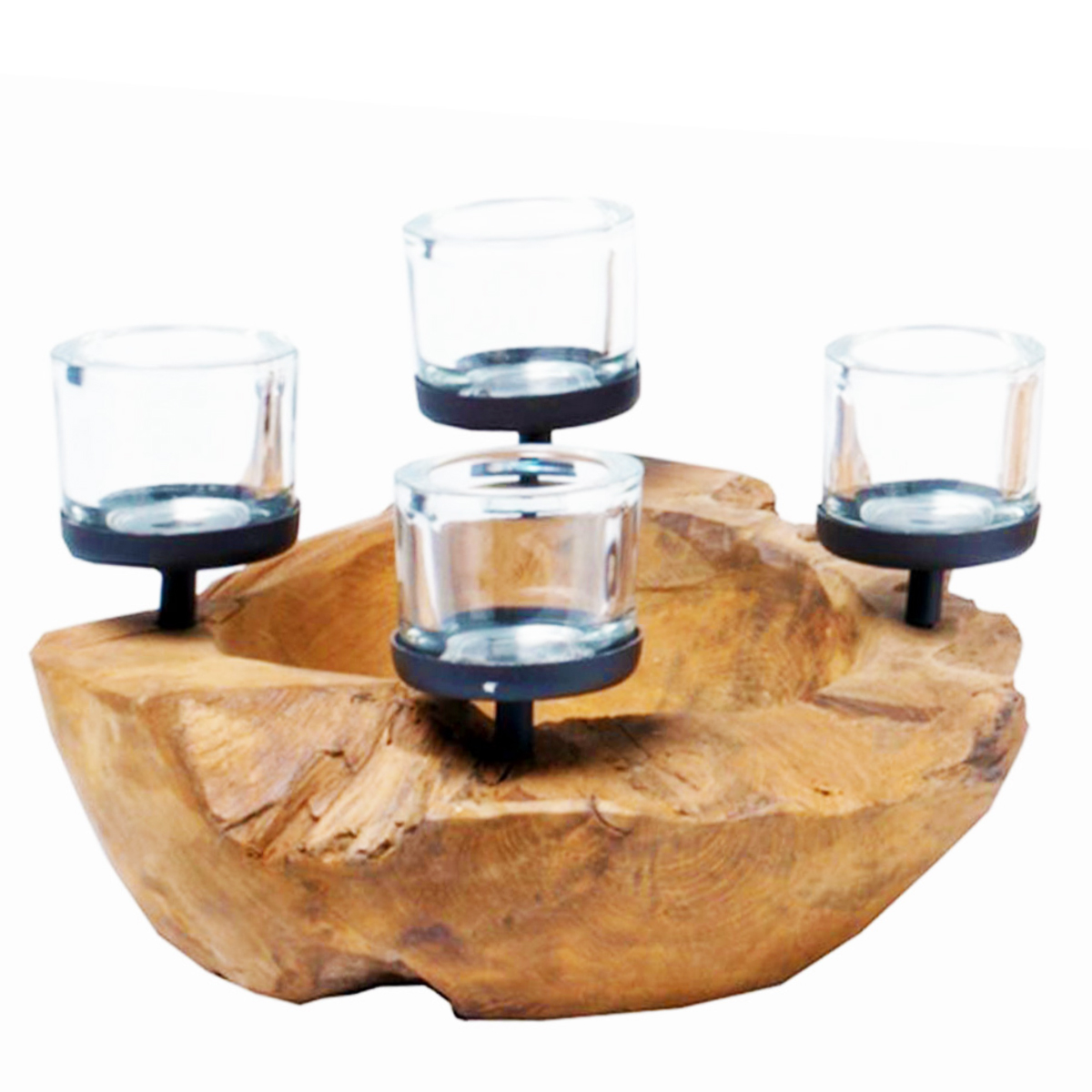 Naturholz Adventsschale Teak unfinish, rustikale Kerzenschale mit 4 Teelichtgläser, Ø30cm, WMG Grünb