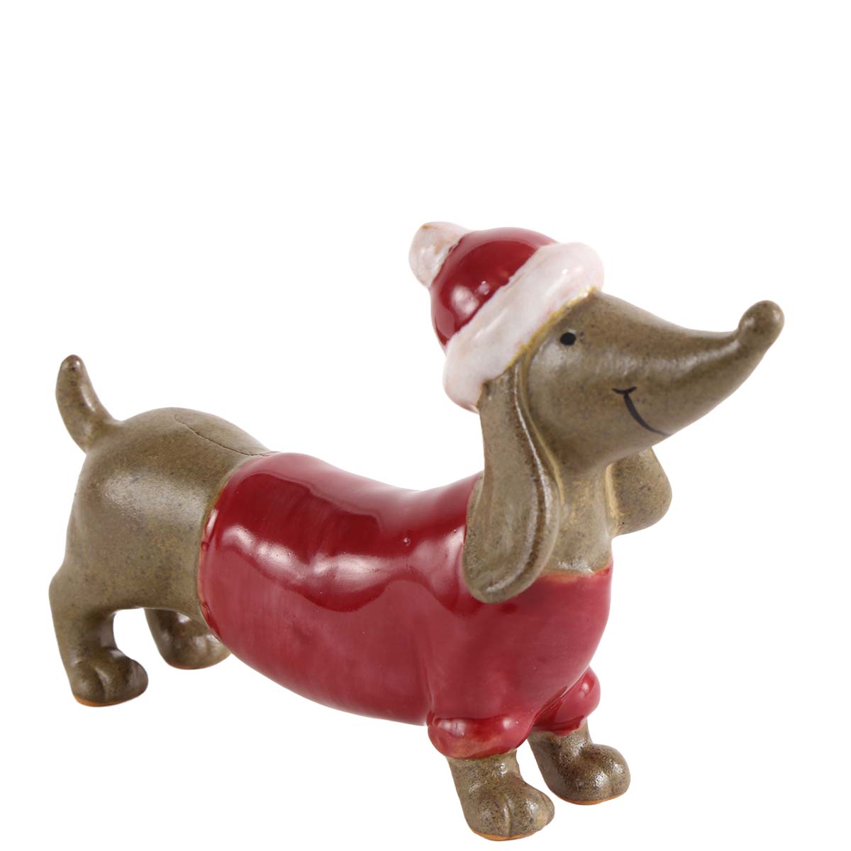Deko Dackel mit rotem Pullover und Weihnachtsmütze, Keramikdackel, 11cm
