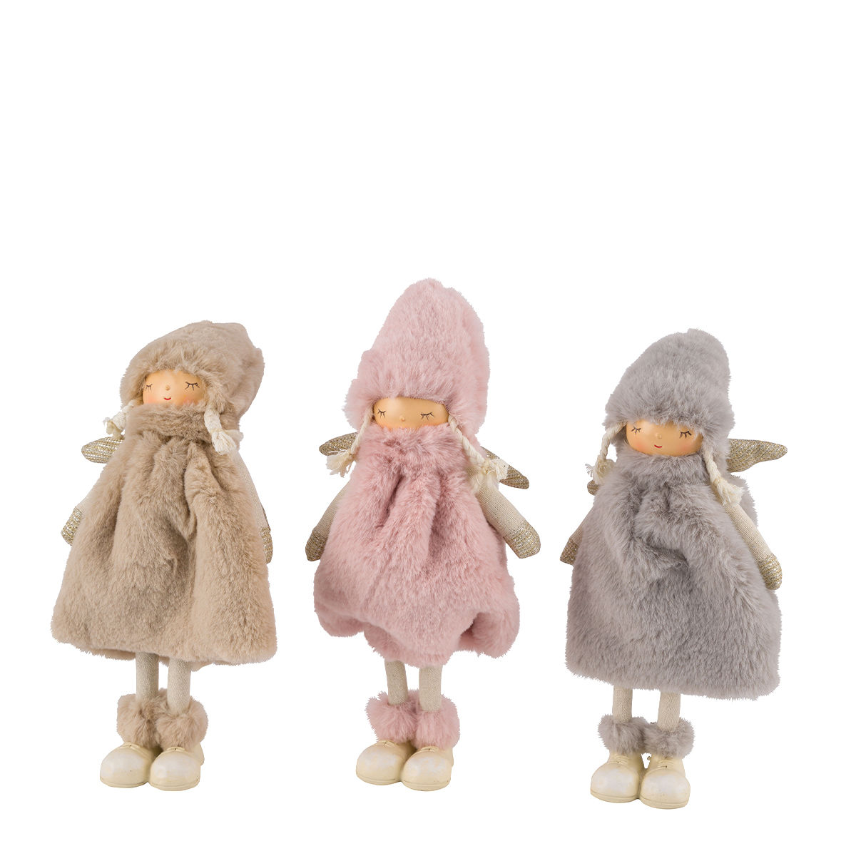 Deko Plüschengel, schicker Winterengel mit Plüschmantel beige, rosa oder grau, 28cm