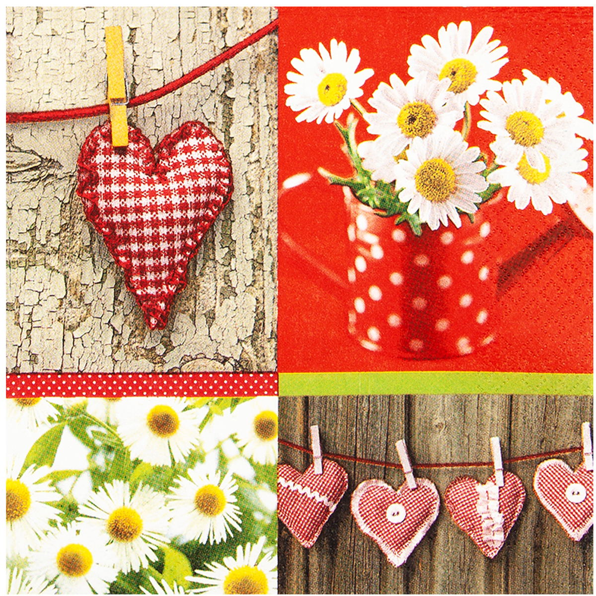 Home Fashion Papierservietten Landhaus - Herzen, Hearts and Daisies, 33x33cm