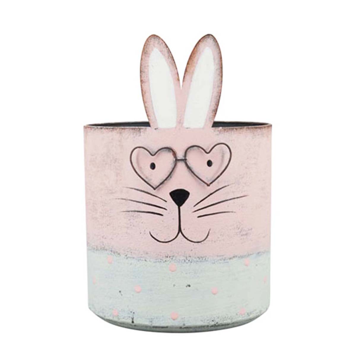 260964xxVX5P0HLmrWjze Deko Pflanztopf Hase, Osterhase mit Brille, rosa used look, 19x12cm, Metall