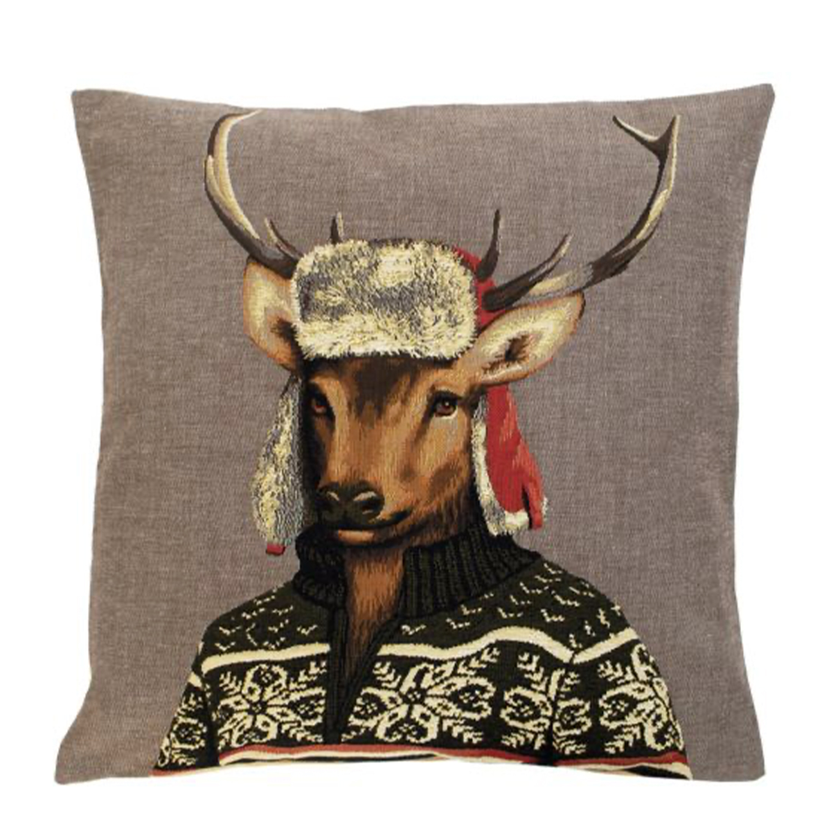 EVKSNDH-KopieFTkGFxsxt4Z4x Gobelin Kissen Hirsch, Nordic Hirsch mit Fliegermütze, 45x45cm, Mars & More