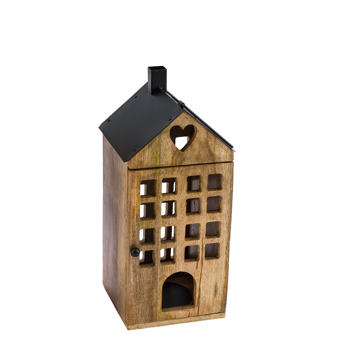 Deko Laterne Haus, Holzlaterne mit vielen Fenstern, schwarzes Metalldach, 42cm