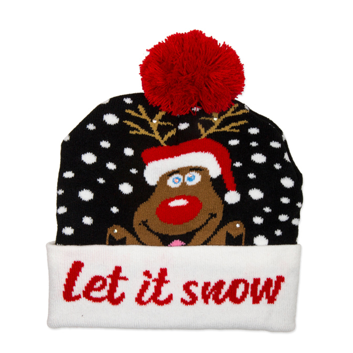 LED Weihnachtsmütze Rentier Let it snow, schwarz mit Bommel, Partymütze
