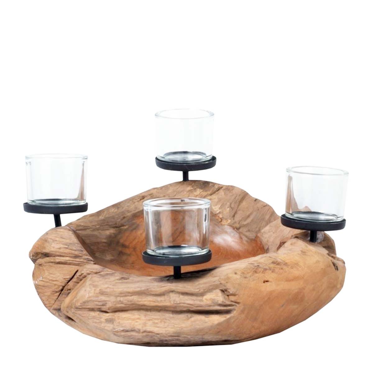 Naturholz Adventsschale Teak unfinish, rustikale Kerzenschale mit 4 Teelichtgläser, Ø40cm, WMG Grünberger