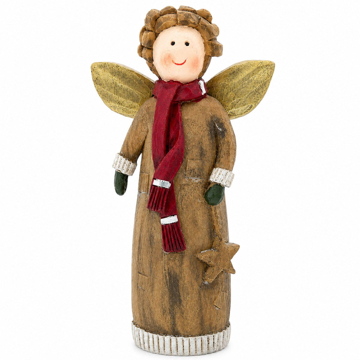 Deko Engel, Weihnachtsengel in Holzoptik mit rotem Schal und Stern