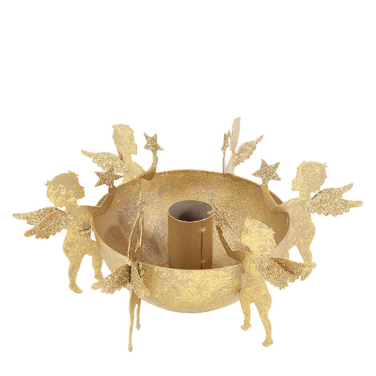 16156_01JBP5D0R7BECBSW2DGXQ1YG3VRKXkNnSwLeTc2 Kerzenständer Engel, Kerzenschale Engel mit Sterne, Metallschale mit Stabkerzenhalter gold used look