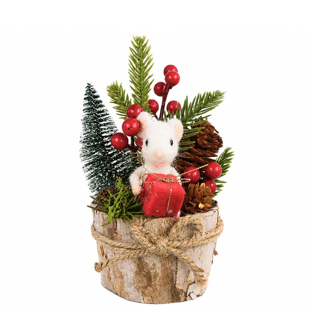 Tischgesteck mit Mäuschen, kleine weiße Filzmaus mit Geschenk, Zapfen und Tannenbäumchen, 20cm