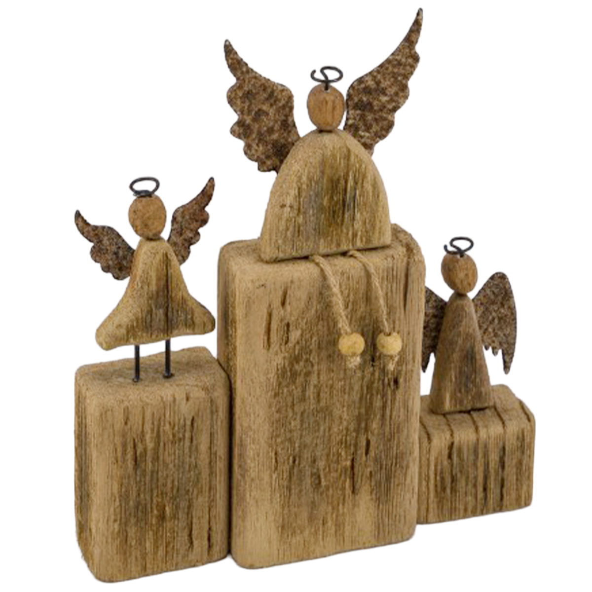 Deko Natur-Holzklötze Weihnachten, 3 unterschiedliche Holzengel auf Holzklotz, 22cm