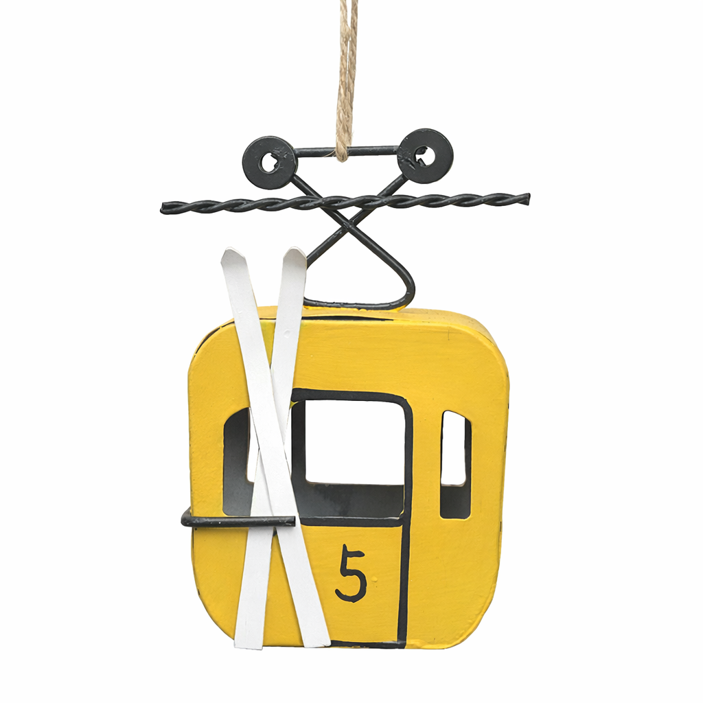 Deko Gondel Nr 5 gelb, weiße Ski, Seilbahn, Skigondel aus Metall, 8cm