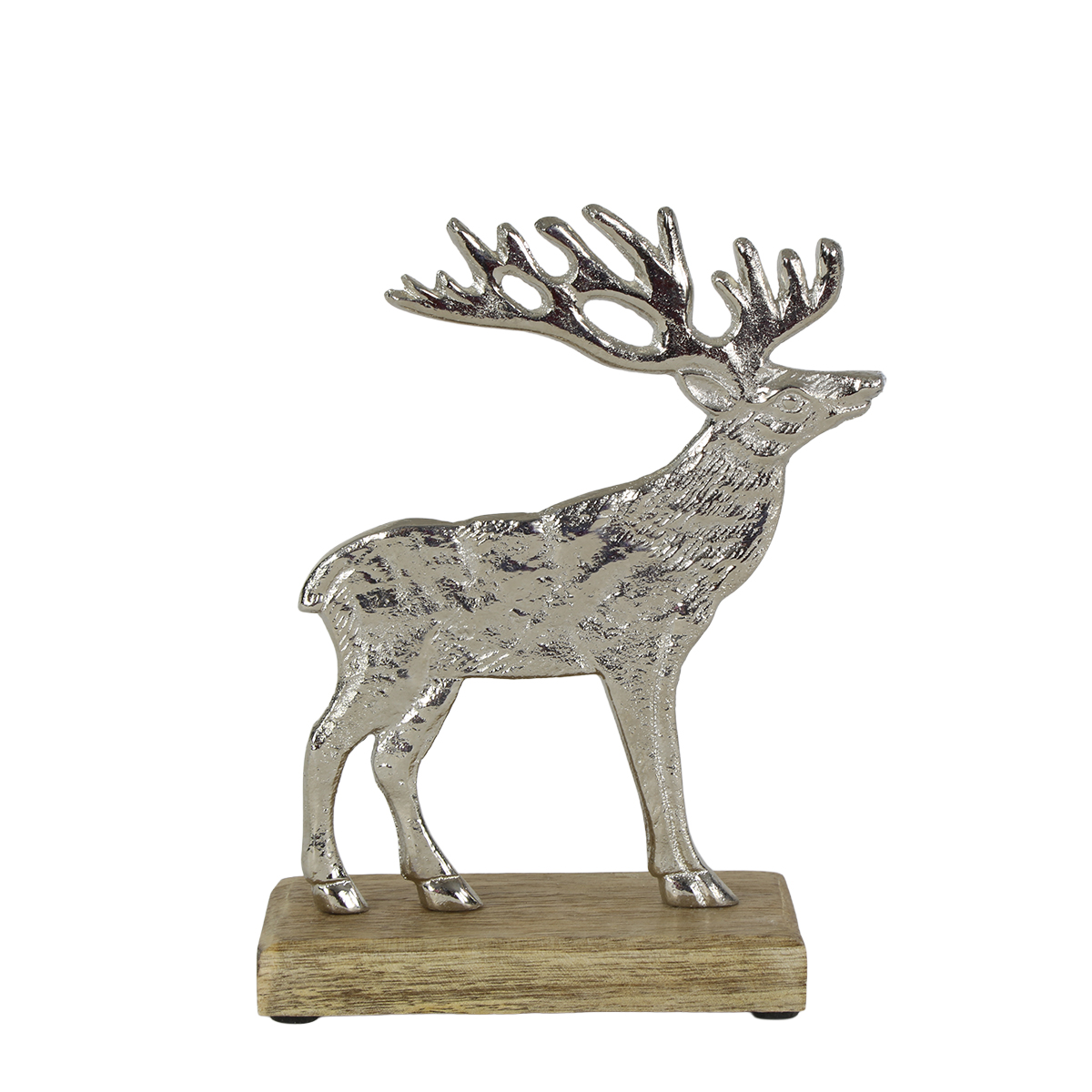 Metallhirsch auf Holzsockel, Metallhirsch silber beschlagen, 17cm