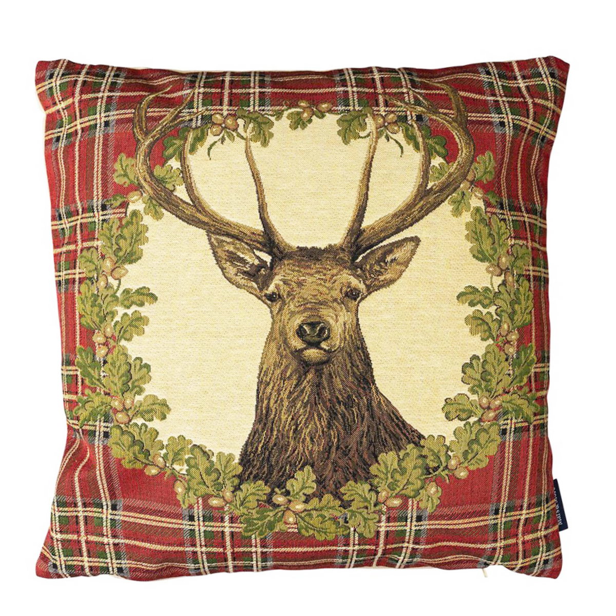 Gobelin Kissen Hirsch, Hirsch Tartan im Kranz, rot kariert, 45x45cm, Mars & More