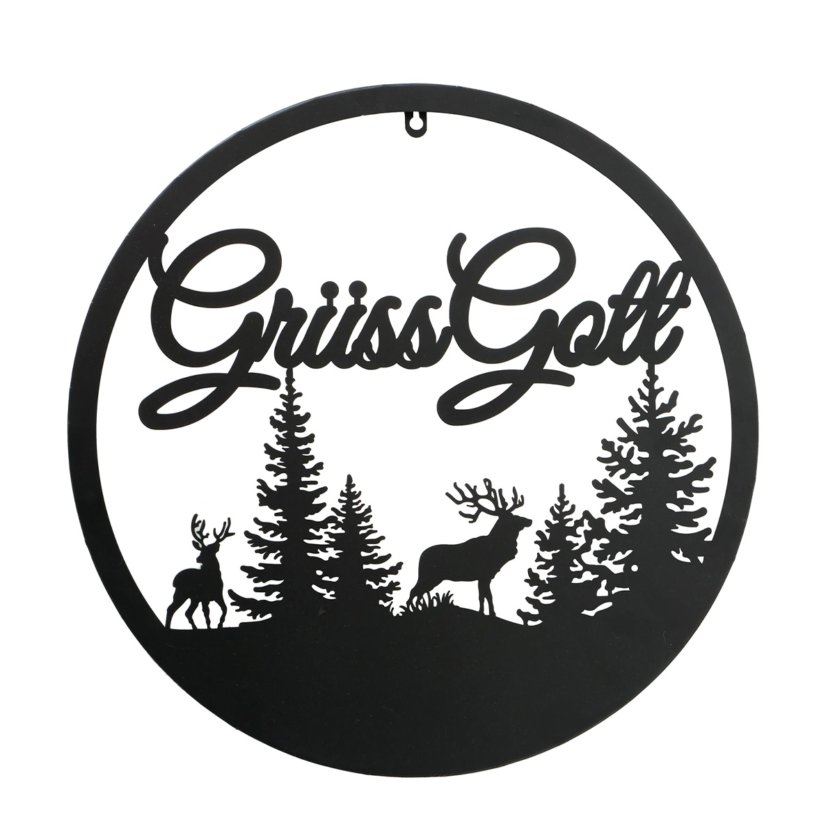 Wandobjekt Hirsch Ludwig, Metallschild mit Spruch: Grüss Gott, Ø50cm, Boltze Home Collections