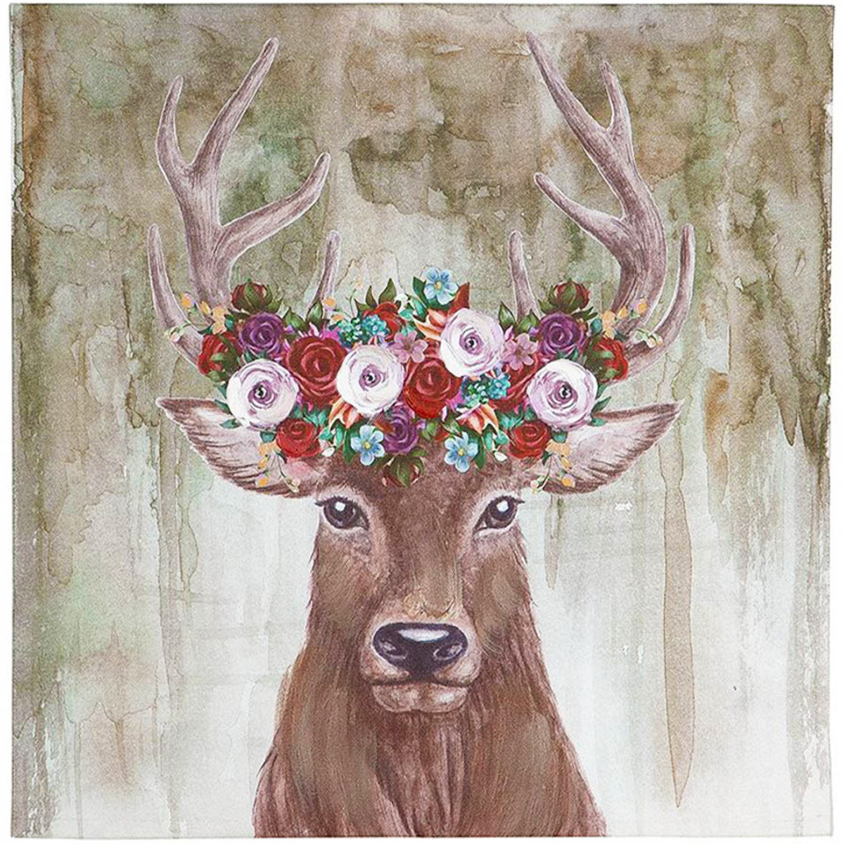 Leinwandbild Hirsch mit Blütenkranz, Hirschbild, 40x40cm, Gilde