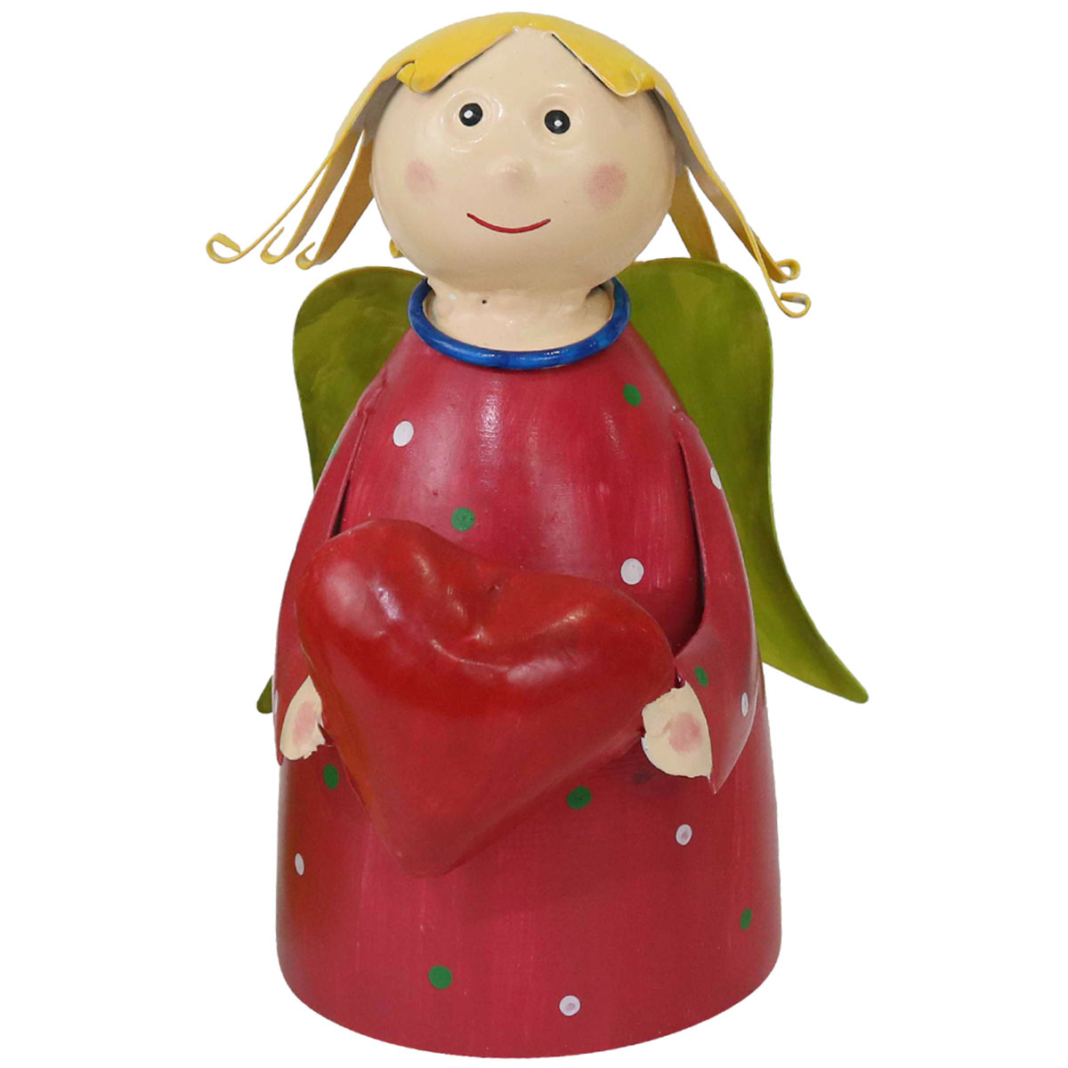 Zaunhocker Engel Schutzengel used look, Metallengel mit Herz und rotem Pünktchen-Kleid, 22cm