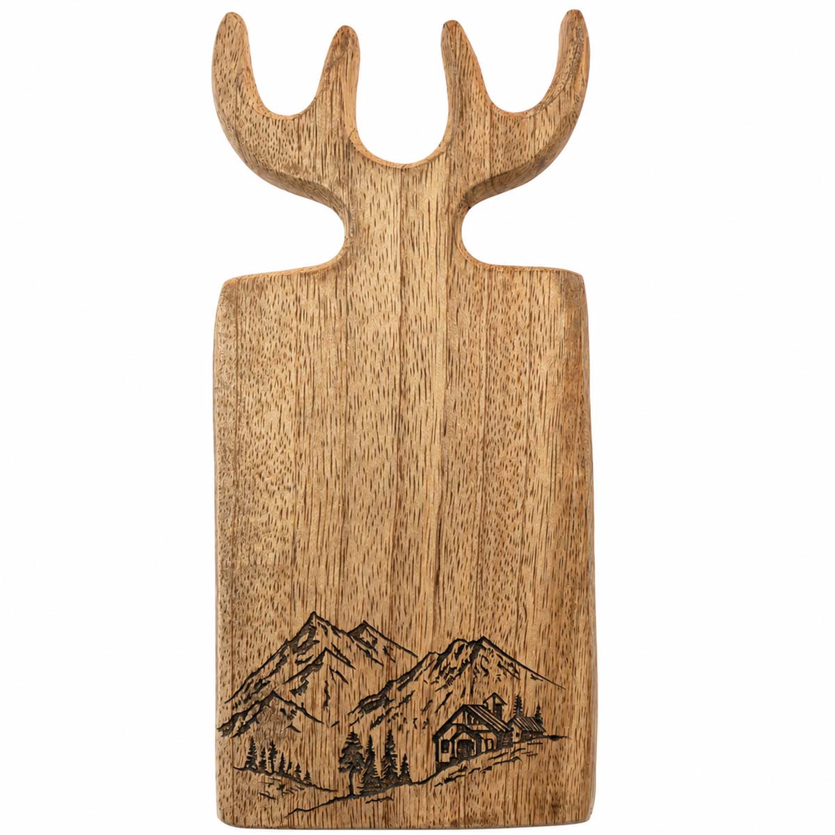 Servierbrett Geweih aus Mangoholz mit Bergmotiv – Rustikale Alpen-Deko