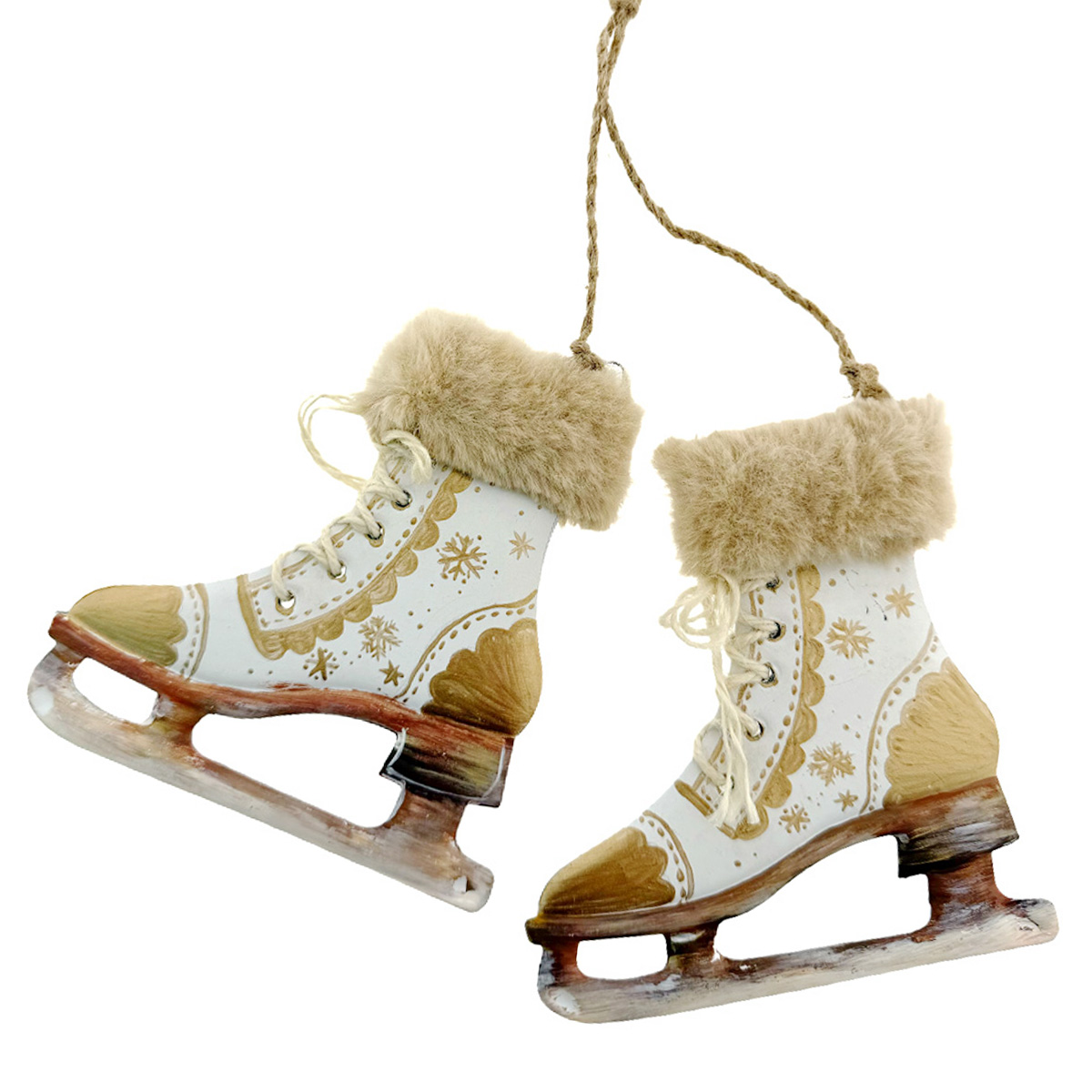 Deko Schlittschuh-Paar Nostalgie, mit Plüsch und Schneekristalle, weiß-gold, 10cm, Metallhänger 