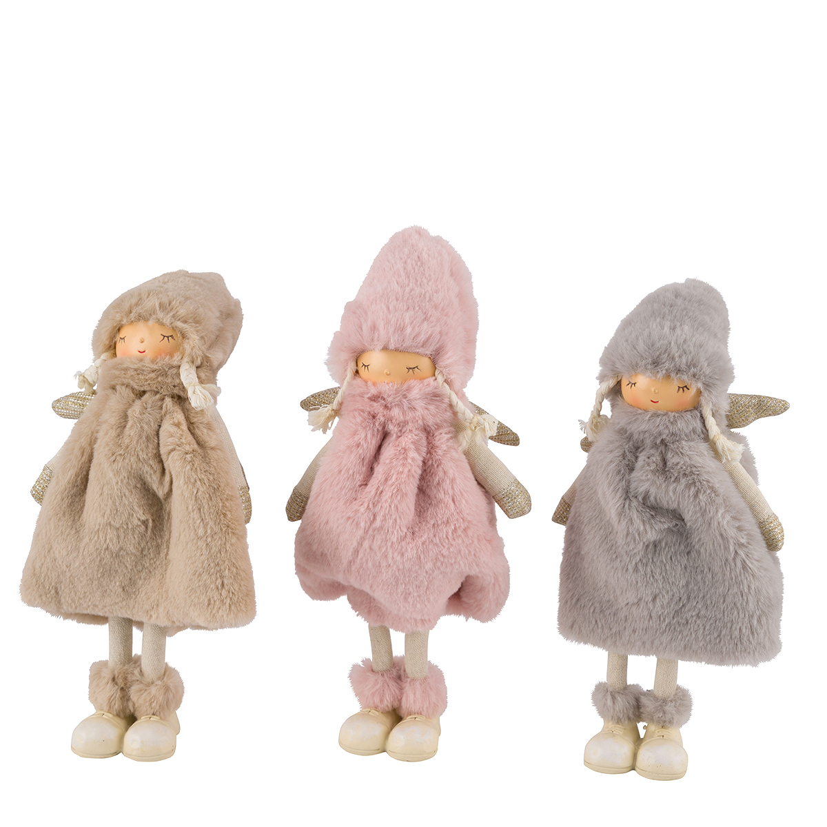 Deko Plüschengel, schicker Winterengel mit Plüschmantel beige, rosa oder grau, 37cm