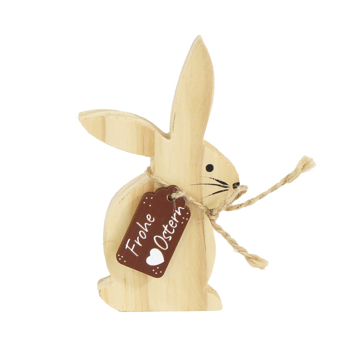 Deko Holzhase Frohe Ostern, kleiner Osterhase aus Holz mit Schild, 10x6cm