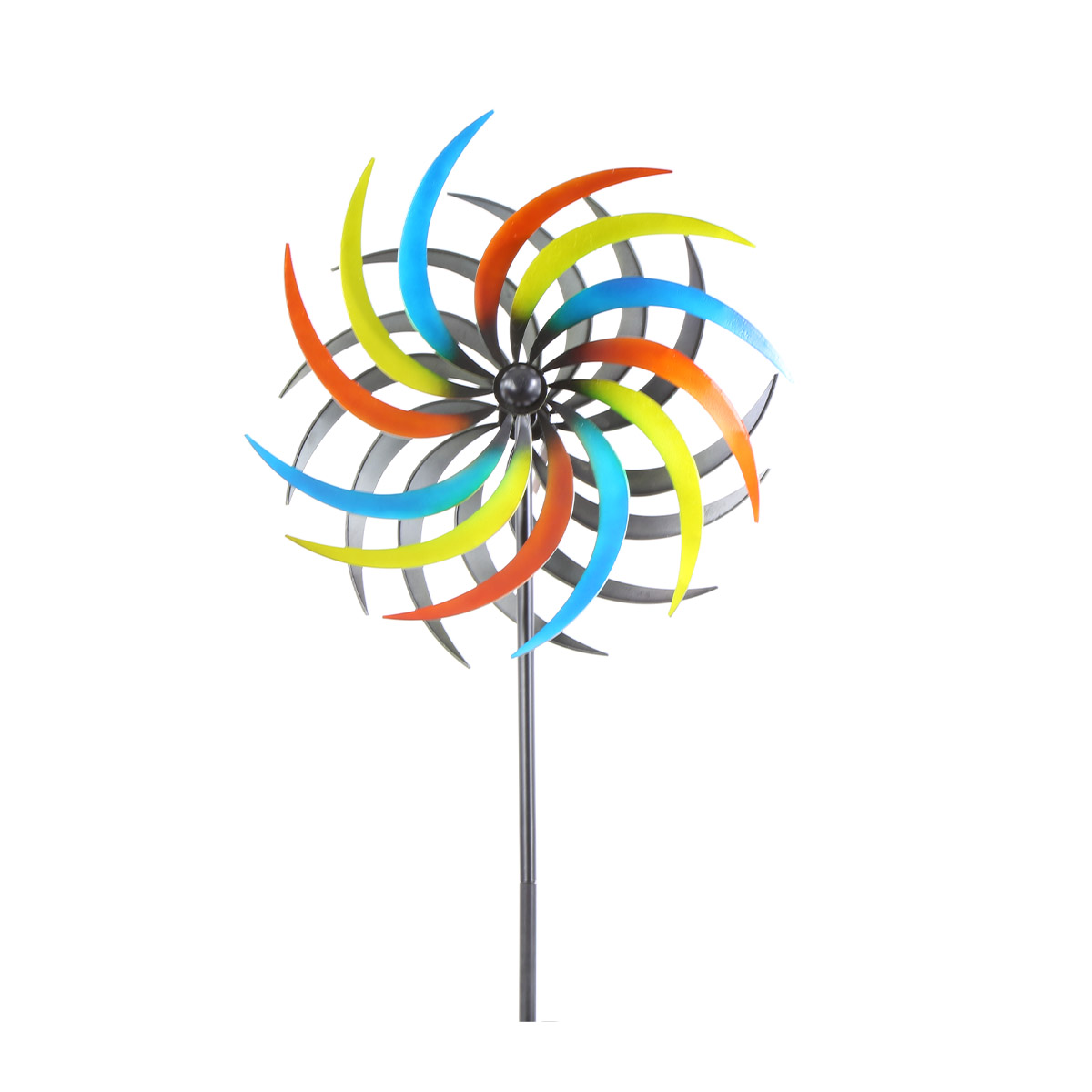 Deko Windrad bunt glänzend, Windrad mit orange-rot-blauen Blättern, 160cm, Metall