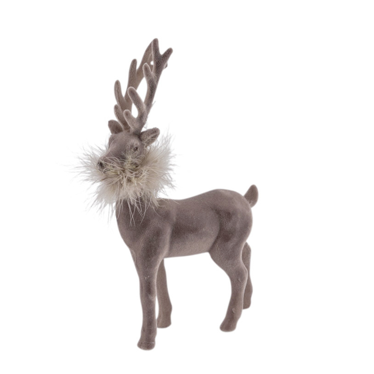 Deko Hirsch mit Federboa, großer grauer Hirsch, samtig beflockt, 45cm