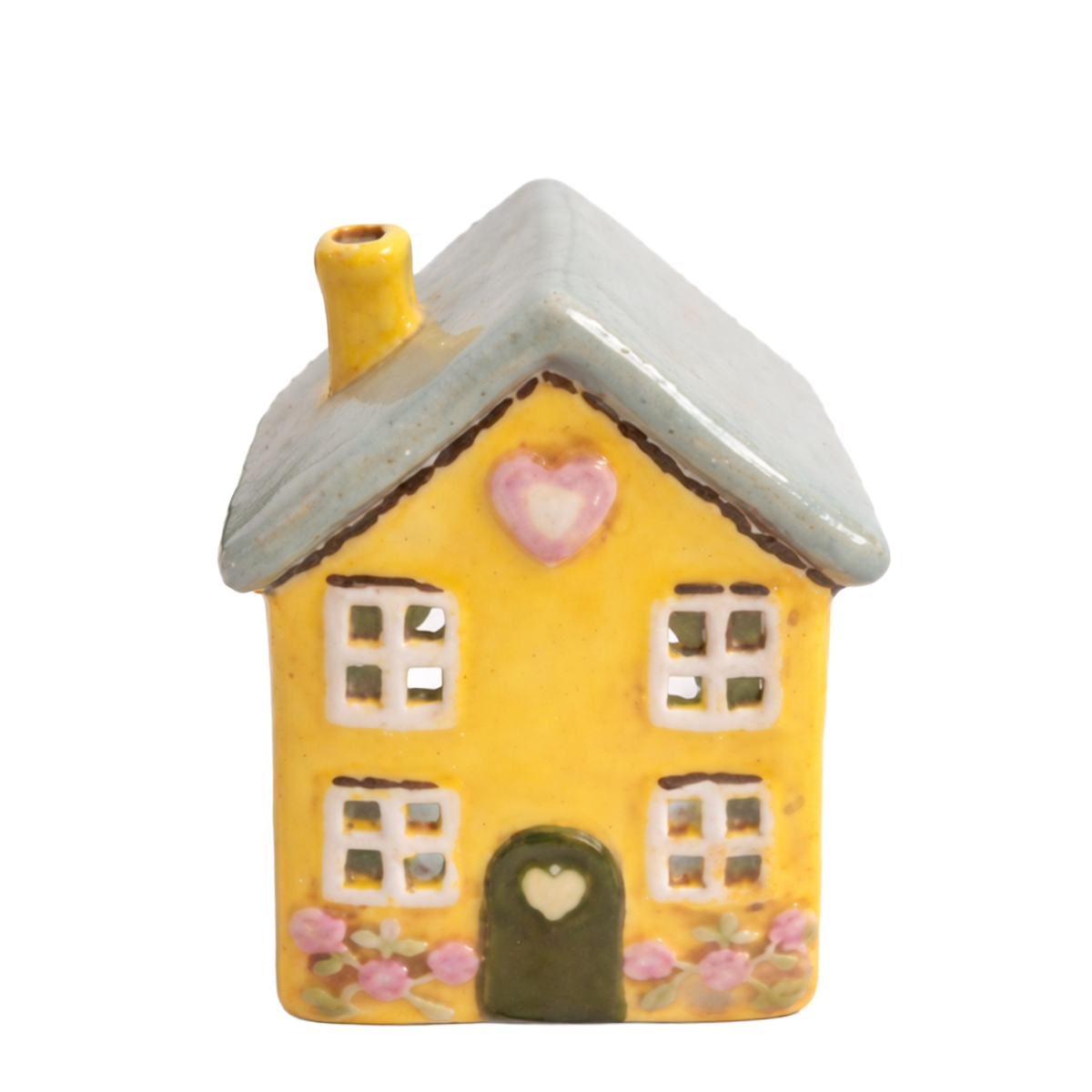 Windlicht Haus gelb, putziges Keramikhaus mit Blumen, 12cm