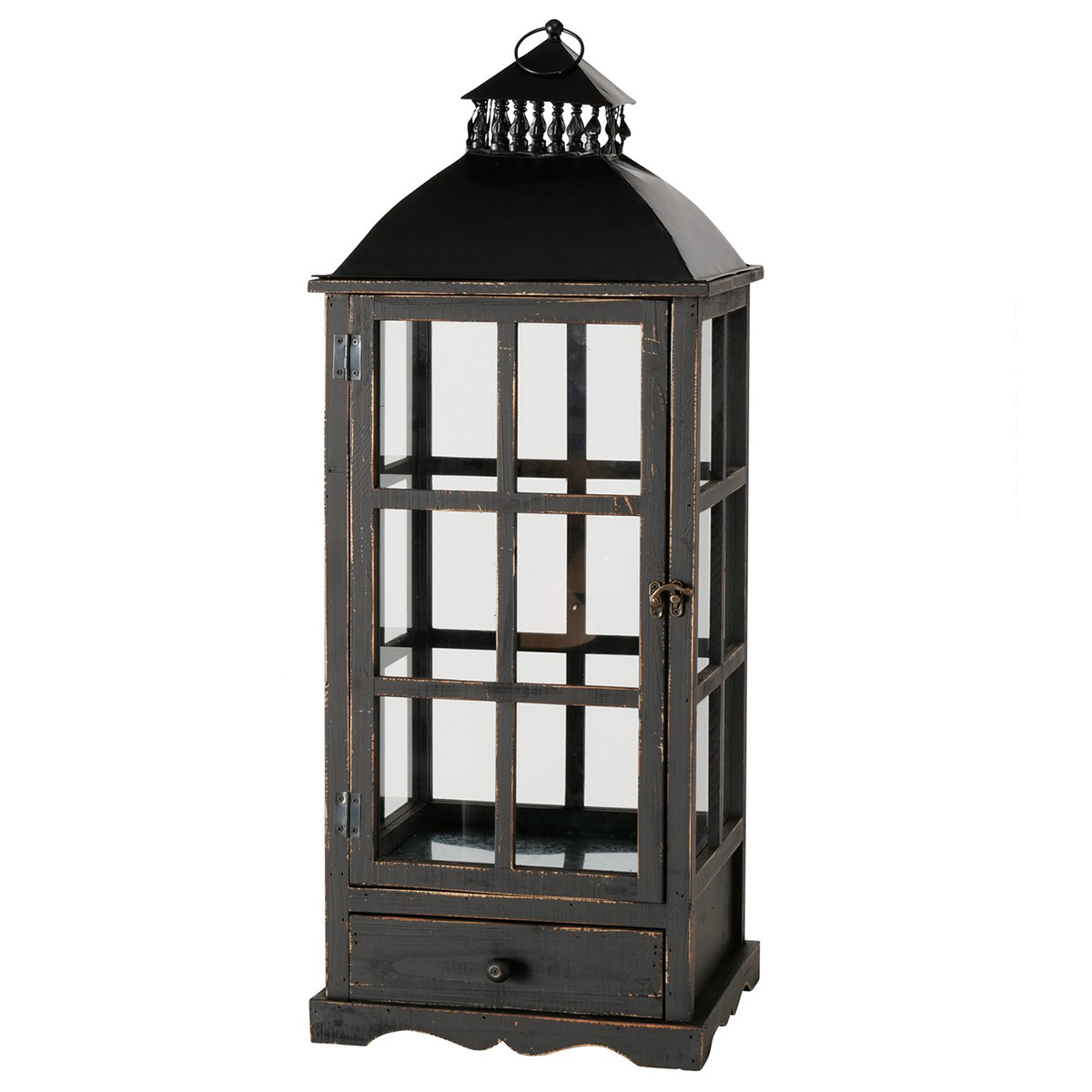 Holzlaterne Brighton schwarz im Shabby Look, rustikales Windlicht mit Schublade, 80cm, Boltze Home Collections