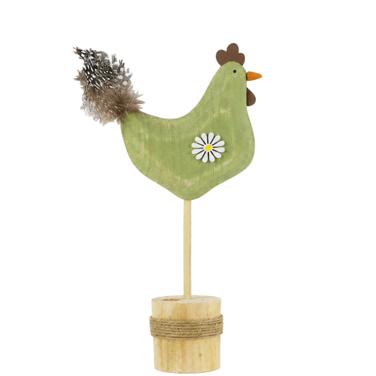 Deko Hahn auf Sockel, Holzhahn mit Blume, grün-natur, 18cm