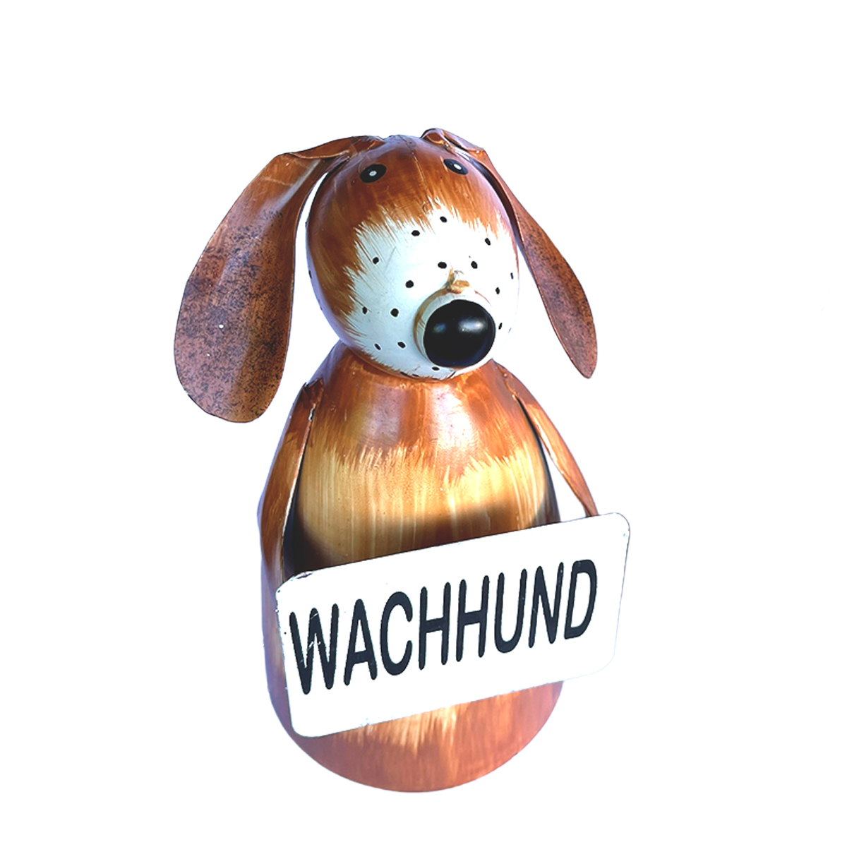 Zaunhocker Hund, Metallhund brauntöne used look mit Schild: Wachhund, 19cm