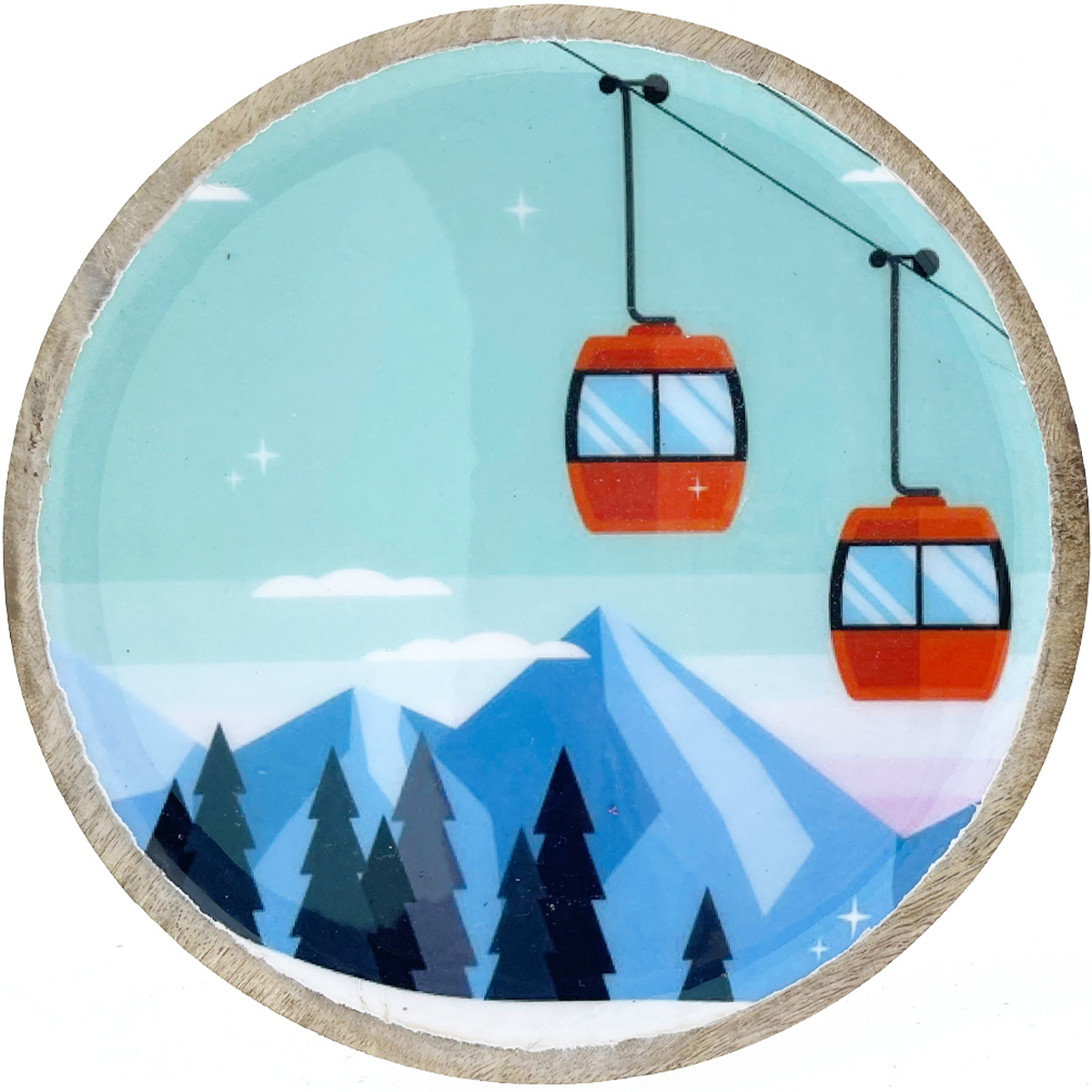 Deko Holzteller Gondel, Teller mit Bergmotiv und Seilbahn, Ø30cm