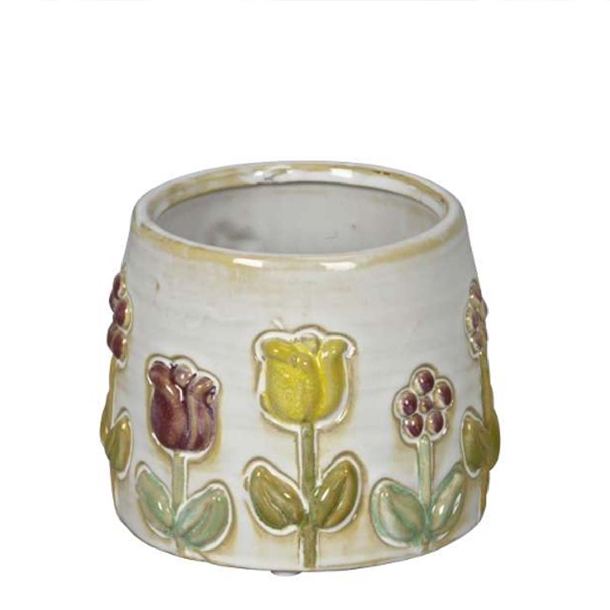 Deko Übertopf Blumen used look, fröhlicher Keramiktopf Blumenrelief, 13cm