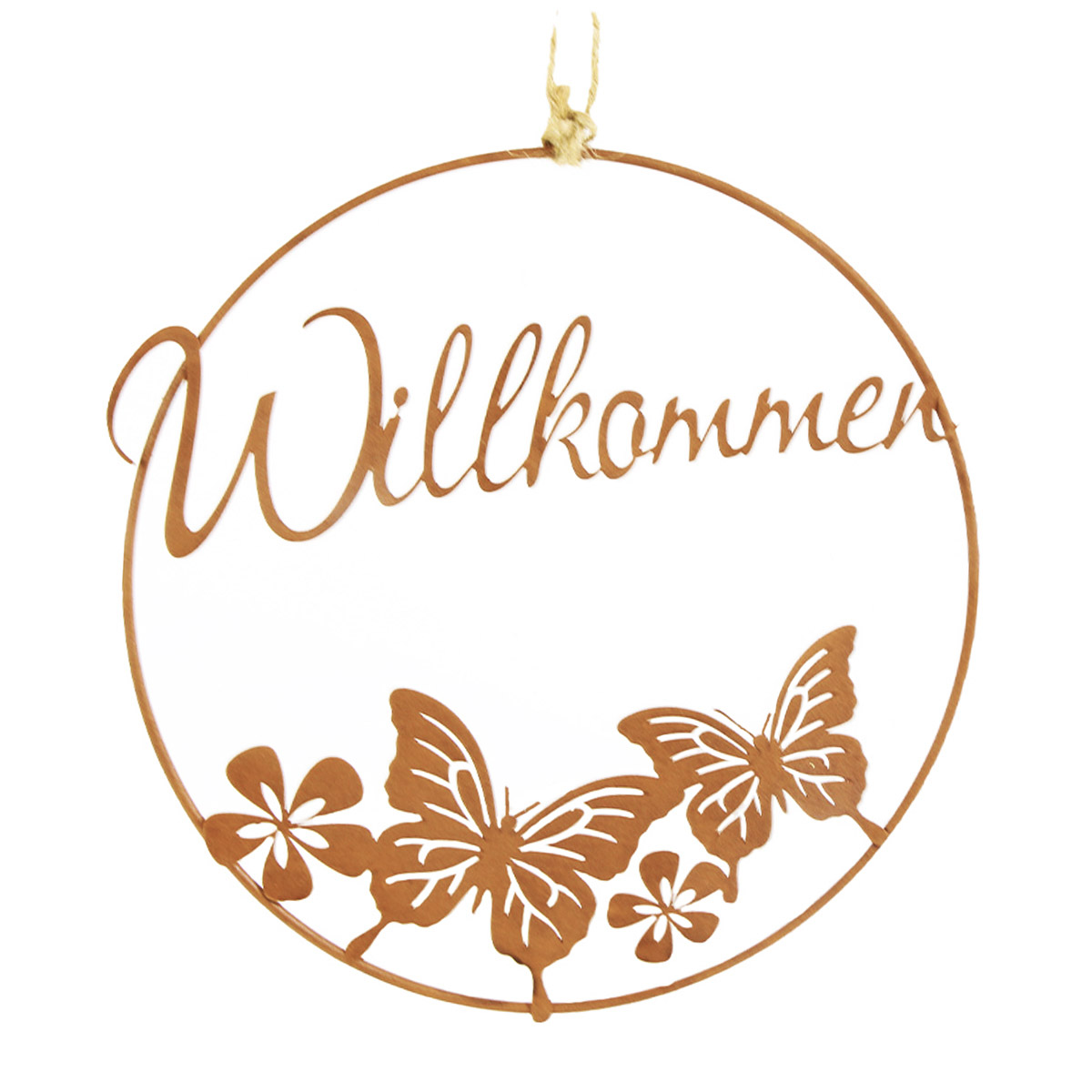 14166A_01JQRA63P865W0SQ1V4EN7JTJ5zdolil6JaCJ53 Deko Türschild Willkommen, Rostring mit Schmetterlinge und Blumen, Ø18cm Edelrost
