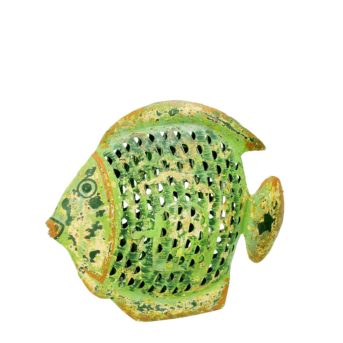 Deko Windlicht Fisch grün used look, Metallfisch mit kleinem Türchen, 21x18cm