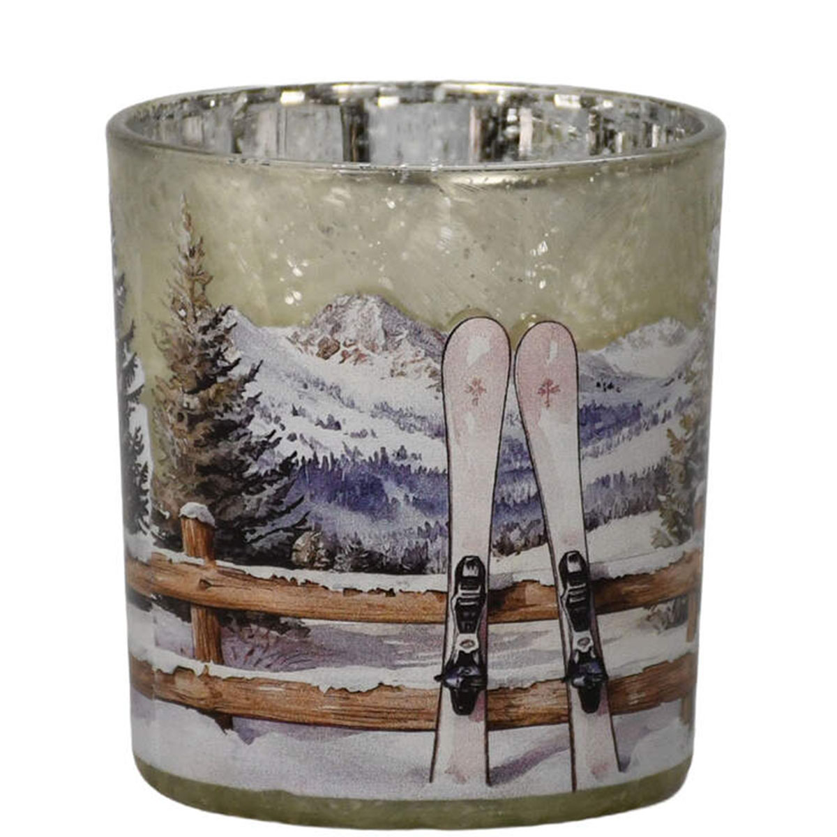 Windlicht Ski in den Bergen – Winterliches Glas-Windlicht mit Alpenmotiv, 8cm