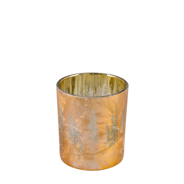 Windlicht Winterwald gold, Glaswindlicht mit Tannenbaum-Motiv, durchscheinend, 8cm