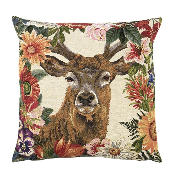 Gobelin Kissen, Hirsch mit Blumen, Rotwild, 45x45cm, Mars &amp; More