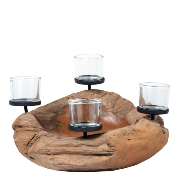 Holz Adventsschale, Schale Teak unfinish, mit 4 Teelichtgläser, Ø40cm, WMG Grünberger