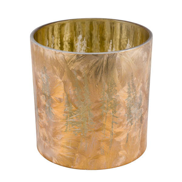 Windlicht Winterwald gold, Glaswindlicht mit Tannenbaum-Motiv, durchscheinend, 20cm