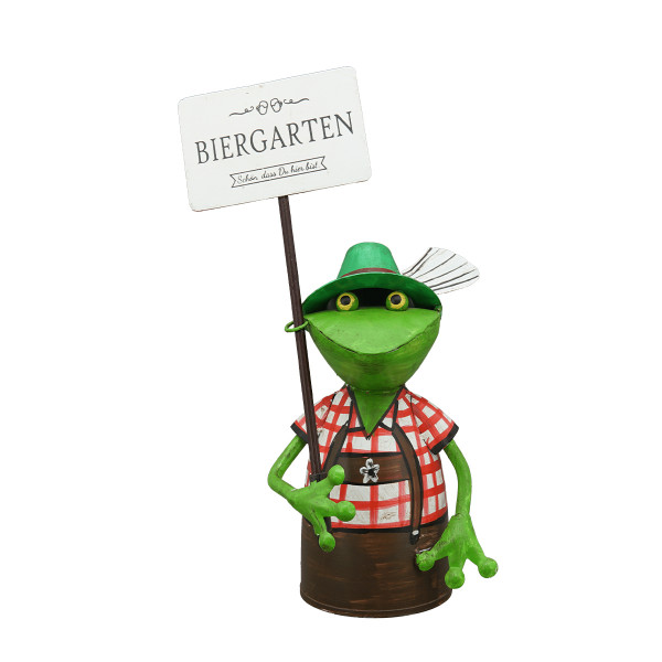 Zaunhocker Frosch Tracht, Metallfrosch in Lederhose mit Schild Biergarten, 30cm