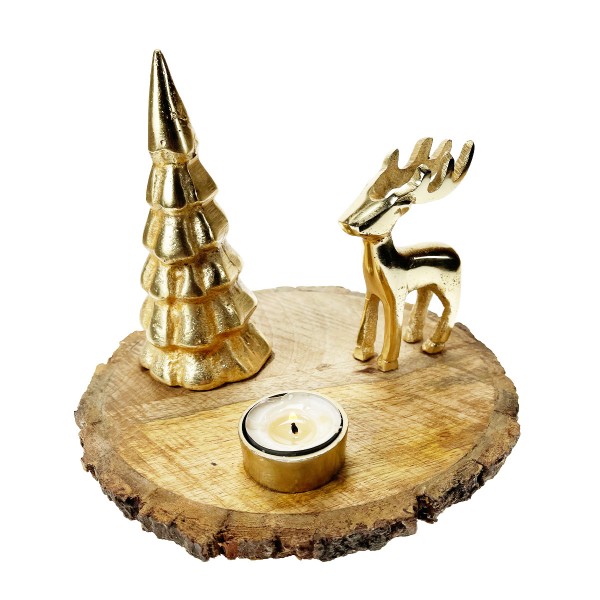 Teelichthalter Rentier + Tannenbaum gold Holztablett Ø22cm